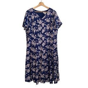 Coldwater Creek Navy Floral Short Sleeve V-Neck Midi Dress Women's Size 18W